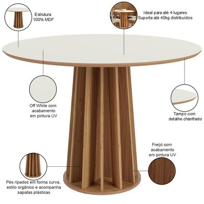 Mesa De Jantar Redonda Pés Ripado Orgânico 105cm Ceci D03 Off White Freijó - Lyam Decor