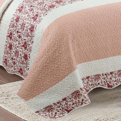 Kit Cobre Leito Colcha Mix King Estampado Dupla Face Floral 3 Peças - Talita - Salmão