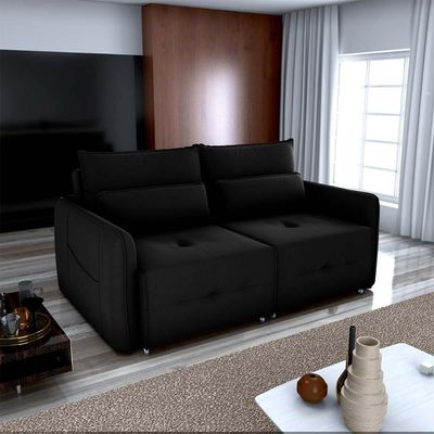 Sofá Cama 2 Lugares Com Com Assentos Divididos Premium Com Almofadas Celine Matrix Veludo Preto