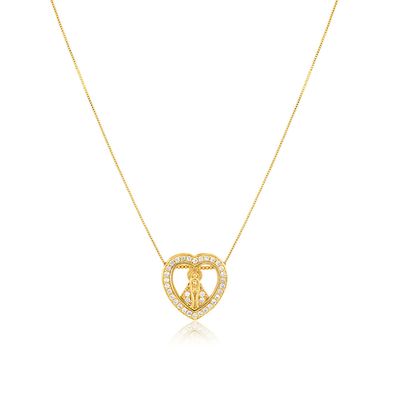 Colar Nossa Senhora Aparecida coração com zirconias banhado em ouro