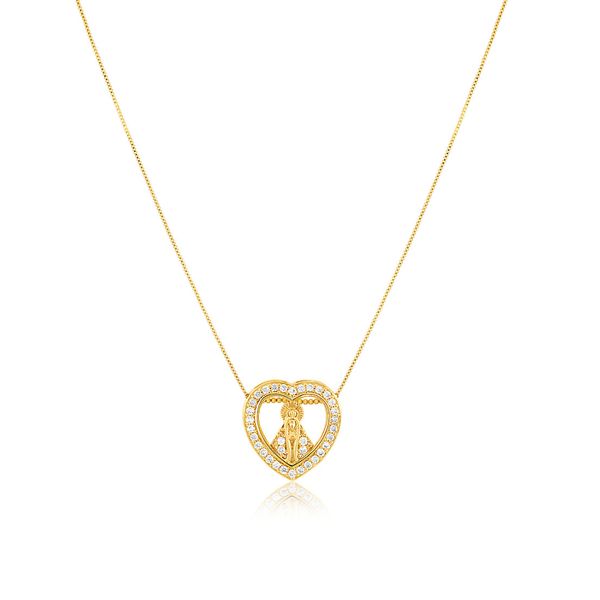 Colar Nossa Senhora Aparecida coração com zirconias banhado em ouro