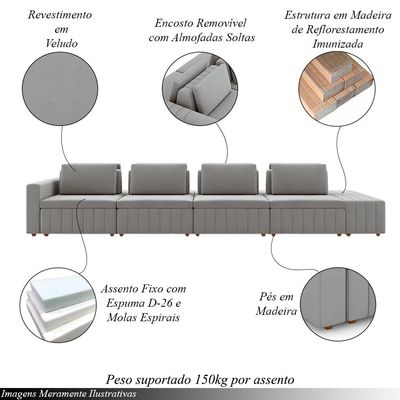 Sofá Ilha com Encosto e Almofadas Móveis Olimpo 505cm Modulado Veludo Cinza G45 - Gran Belo