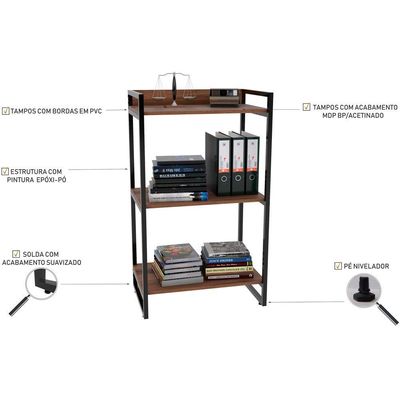 Kit Mesa Cavalete 135 cm com Estante 3 Prateleiras Estilo Industrial Form C01 Nogal - Lyam Decor