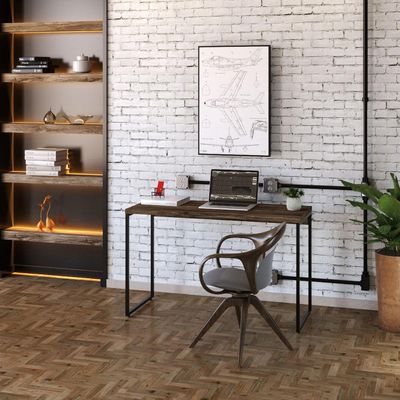 Kit Estante Areta 4 Prateleiras com Mesa Industrial Aspen 120cm C01 Carvalho Dark - Lyam Decor