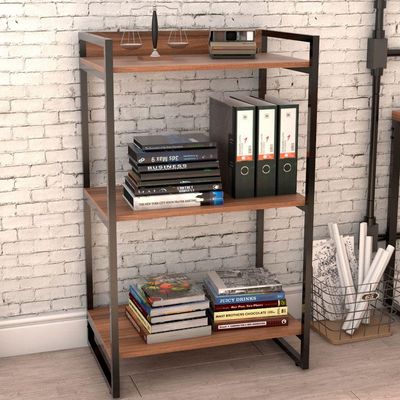 Kit Mesa Cavalete 135 cm com Estante 3 Prateleiras Estilo Industrial Form C01 Nogal - Lyam Decor