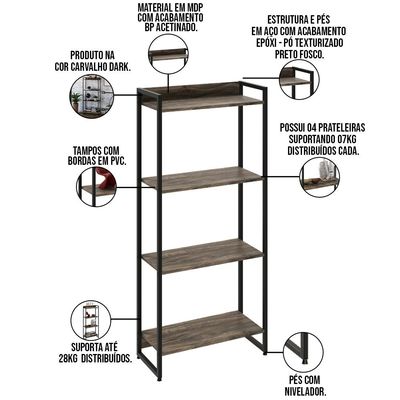 Kit Escritório Estante Areta 4 Prateleiras Mesa Industrial Aspen 90cm C01 Carvalho Dark - Lyam Decor