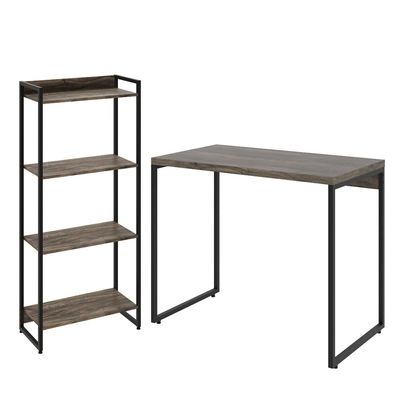 Kit Escritório Estante Areta 4 Prateleiras Mesa Industrial Aspen 90cm C01 Carvalho Dark - Lyam Decor