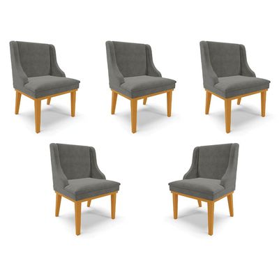 Kit 5 Cadeiras Decorativas Sala de Jantar Base Fixa de Madeira Firenze Suede Grafite/Castanho G19 - Gran Belo