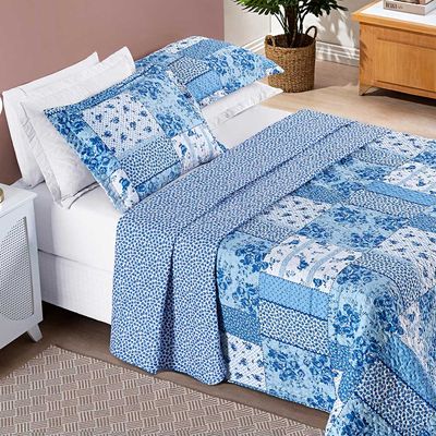 Kit Cobre Leito Colcha Dallas Queen Dupla Face Estampada 3 Peças - Azul Sereno Patchwork