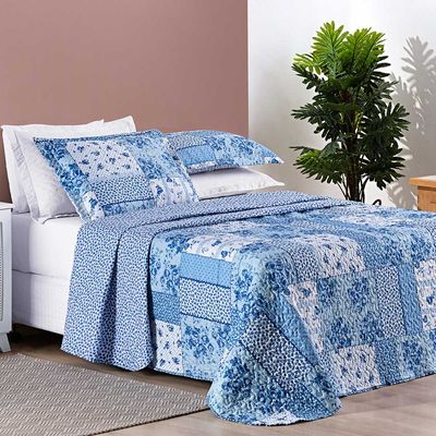 Kit Cobre Leito Colcha Dallas Queen Dupla Face Estampada 3 Peças - Azul Sereno Patchwork