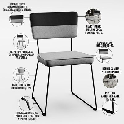 Mesa De Jantar Capri 160 Off White 6 Cadeiras Allana B05 Faixa Corano Preto Linho Cinza - Lyam Decor
