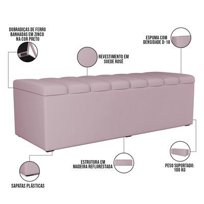 Kit Cabeceira Cama Box Casal 140cm Com Calçadeira Recamier Baú Dália W01 Suede Rosê - Lyam Decor