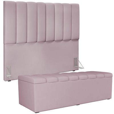 Kit Cabeceira Cama Box Casal 140cm Com Calçadeira Recamier Baú Dália W01 Suede Rosê - Lyam Decor