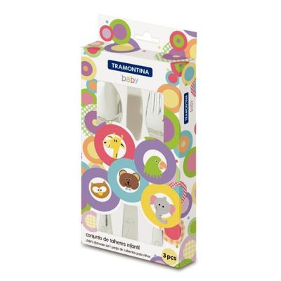 Jogo de Talheres Infantil Tramontina Baby em Aço Inox Acabamento Brilho com Desenho em Alto Relevo 3 Peças