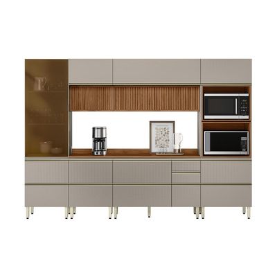 Armário de Cozinha Completa Ripada com 1 Vidro Reflecta Proença 9 Portas 8 Gavetas Nude e Nogueira