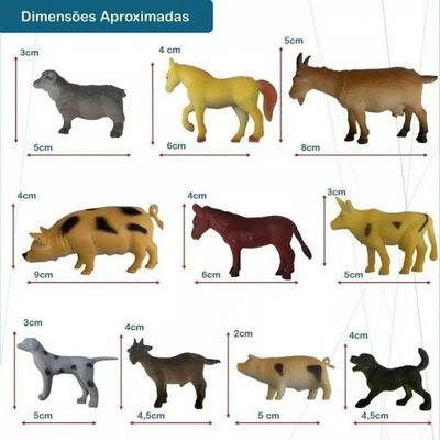 Kit 10 Animais Da Fazenda Safari Zoo Pequenos De Borracha