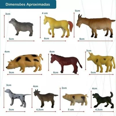 Kit 10 Animais Da Fazenda Safari Zoo Pequenos De Borracha
