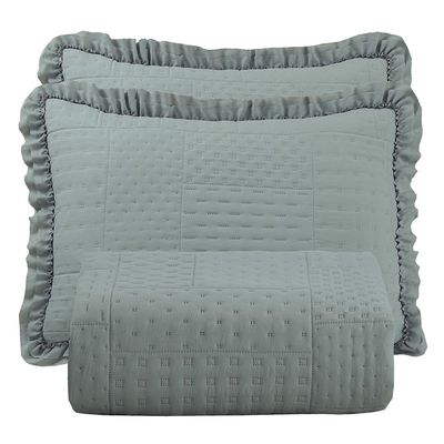 Kit Cobre Leito Colcha Allegra Queen 3 Peças Percal 300 Fios C/ Babado - Cinza