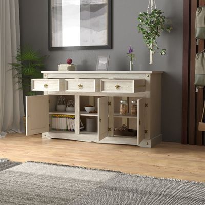Aparador Buffet em Madeira 3 Portas 3 Gavetas 150 cm Patina Branca Elliottiis