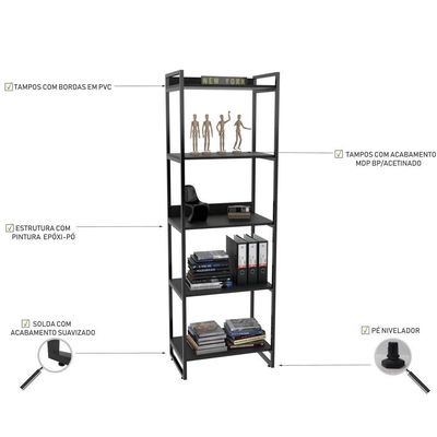 Estante Multiuso 5 Prateleiras Escritório Estilo Industrial Form C01 187x60 cm Preto Onix - Lyam Decor