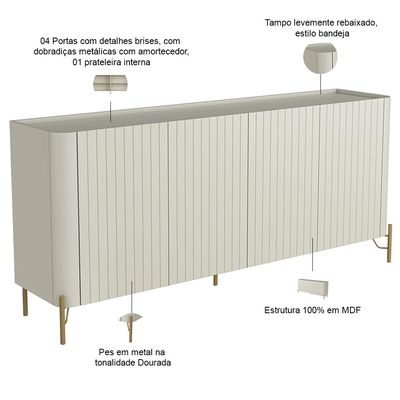 Aparador Buffet Sala de Jantar 4 Portas Brise Pés Industrial Dourado Naim I03 Luna - Lyam Decor