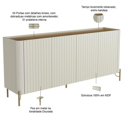 Aparador Buffet Sala de Jantar 4 Portas Brise Pés Industrial Dourado Naim I03 Luna Louro - Lyam