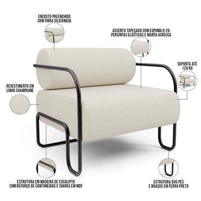 Poltrona Decorativa Pés Industrial Moscou L02 Linho Champagne - Lyam Decor