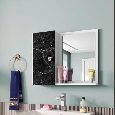 Espelheira Gênova Para Banheiro Com Porta E 6 Nichos E Prateleira Branco-nero
