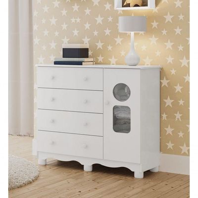 Comoda Infantil 1 Porta 4 Gavetas Tedy - Moveis Peroba Branco Brilho