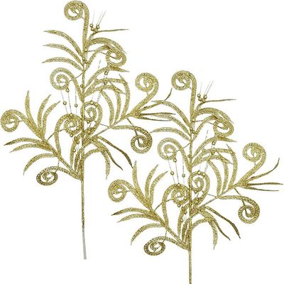 Plantas Folhas Decoração Natal Gliter Dourado 70cm Kit 6pçs