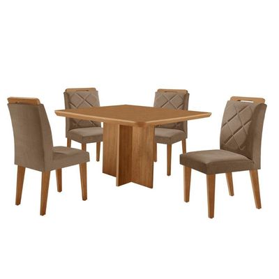 Mesa Olimpia 90 Mdf Canto Copo E Com 4 Cadeiras Melissa Veludo Capuccino Naturalle