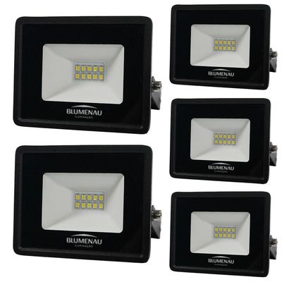 Kit 5 Refletor De Led Slim 10w Prova Dágua Preto Bivolt 3000k Quente