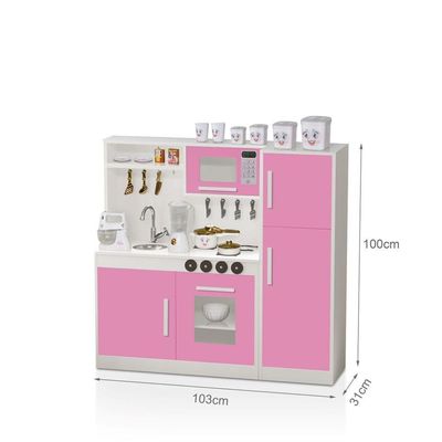 Kit Cozinha E Geladeira Em MDF Brinquedo Infantil Rosa