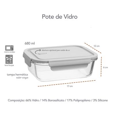Pote de Vidro Borosilicato com Tampa Hermetica Nude 680ml