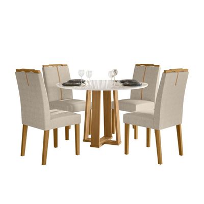 Conjunto de Mesa Redonda com Tampo de Vidro Off White Isabela e 4 Cadeiras Serena Bouclé Bege e Ypê
