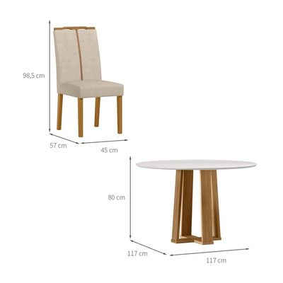 Conjunto de Mesa Redonda com Tampo de Vidro Off White Isabela e 4 Cadeiras Serena Bouclé Bege e Ypê