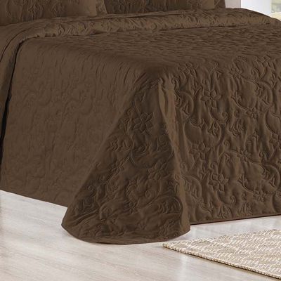 Kit Cobre Leito Colcha Celeste Queen 3 Peças Matelado Floral 180 Fios - Marrom