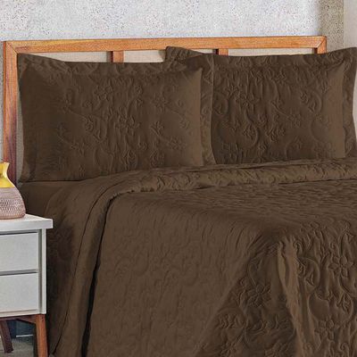 Kit Cobre Leito Colcha Celeste Queen 3 Peças Matelado Floral 180 Fios - Marrom