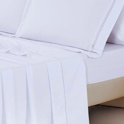 Jogo de Lençol Rebeca Casal 4 Peças MicroPercal 300 Fios Ponto Palito Minimal - Branco