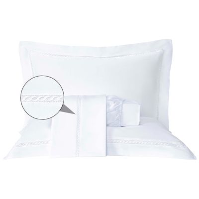 Jogo de Lençol Rebeca Casal 4 Peças MicroPercal 300 Fios Ponto Palito Minimal - Branco