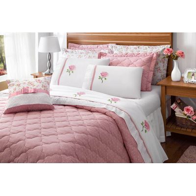 Kit Cobre Leito Casal Queen Yonara 07 Peças Tecido Percal Floral Com Almofada Bordado Inglês - Rosê