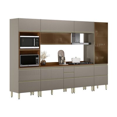 Armário de Cozinha Compacta com 2 Vidros Reflecta Proença 8 Portas 8 Gavetas Nude e Nogueira