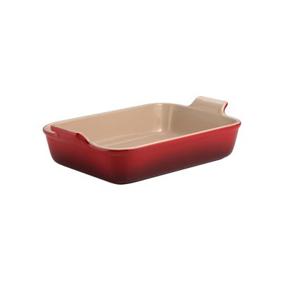 KIT LE CREUSET TRAVESSA RETANGULAR HERITAGE 32CM E LUVA PARA FORNO DE ALGODÃO VERMELHO