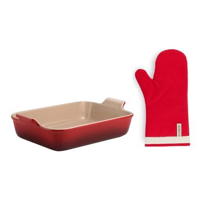 KIT LE CREUSET TRAVESSA RETANGULAR HERITAGE 32CM E LUVA PARA FORNO DE ALGODÃO VERMELHO