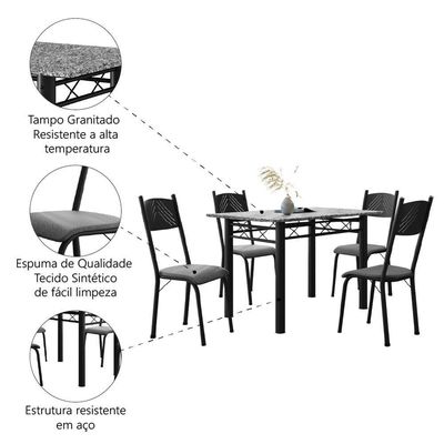 Conjunto De Mesa Sala De Jantar Sara Com 4 Cadeiras Tubular Granito 1,20m Artefamol Preto/platina