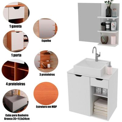 Kit Gabinete E Espelheira De Banheiro 60 Cm Cuba Romana Branco
