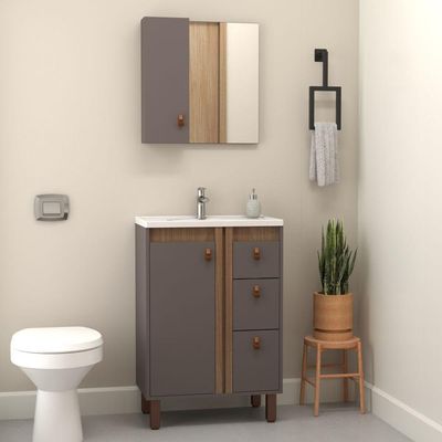 Kit Gabinete E Espelho Para Banheiro Ariel 60 Cm Com Pé Havana/jequitibá
