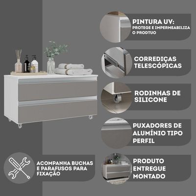 Gabinete Banheiro Rodinhas Joia 80cm 02 Gavetas Branco Cinza