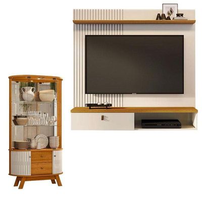 Estante Home Theater Suspenso íris Com Cristaleira Moss Cinamomo Off White – Madetec