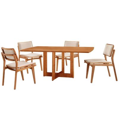 Mesa 120cm Laminado Barril Com 4 Cadeiras Moderna Mobília Linho Off White Imbuia Naturale